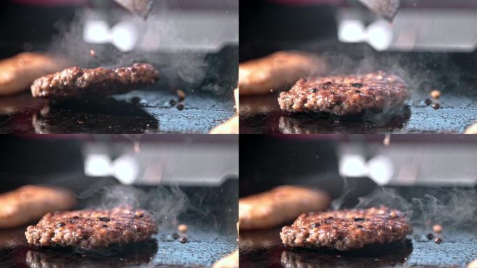 煎汉堡肉西餐自助餐高热量高能量微距特写