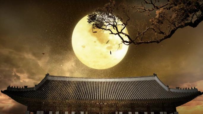 新中式秋夜月亮满月楼阁落叶悲凉舞台背景