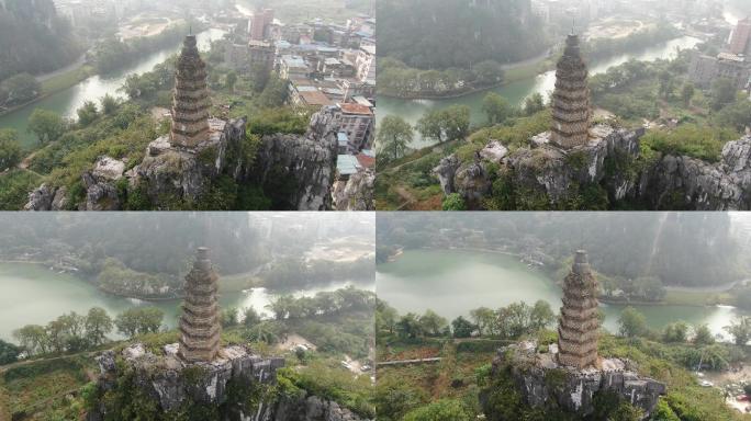 航拍广西桂林穿山景区古塔历史文化建筑