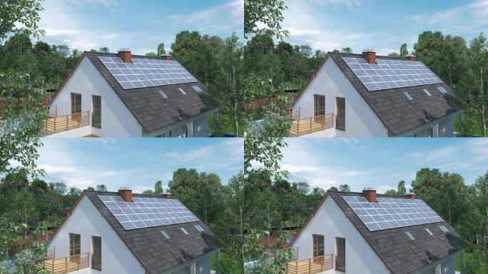 屋顶安装太阳能电池的住宅3d动画