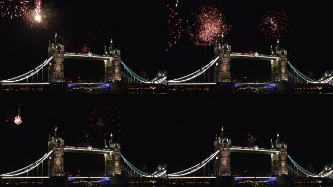 伦敦塔桥后的烟花礼炮礼赞庆祝晚会节日活动