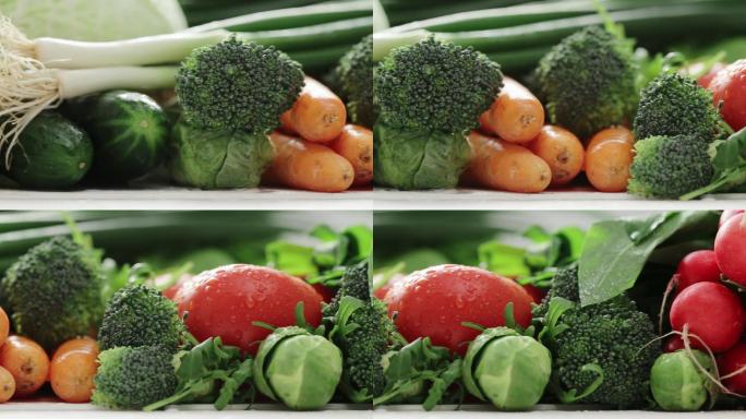 桌子上生蔬菜的慢镜头