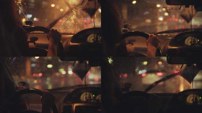 在雨中开车的女人