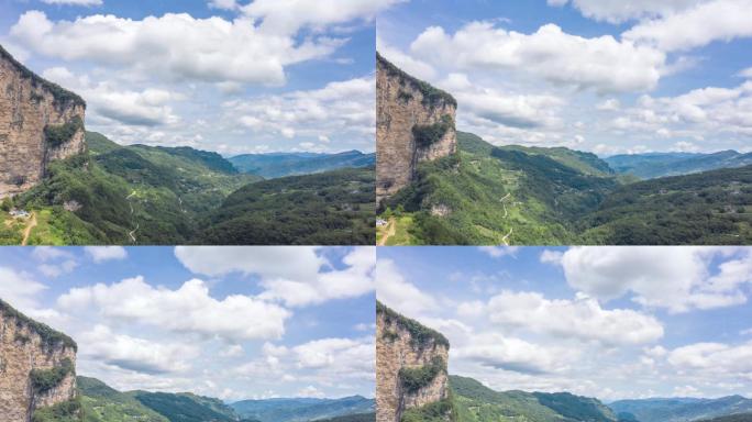 无人机航拍山区蓝天白云延时