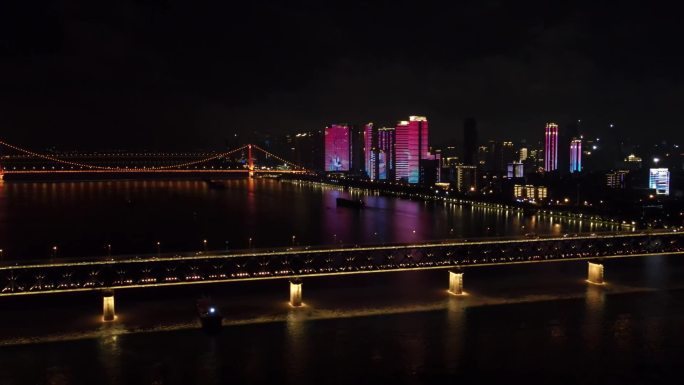 原创高清长江大桥和长江两岸夜景灯光航拍