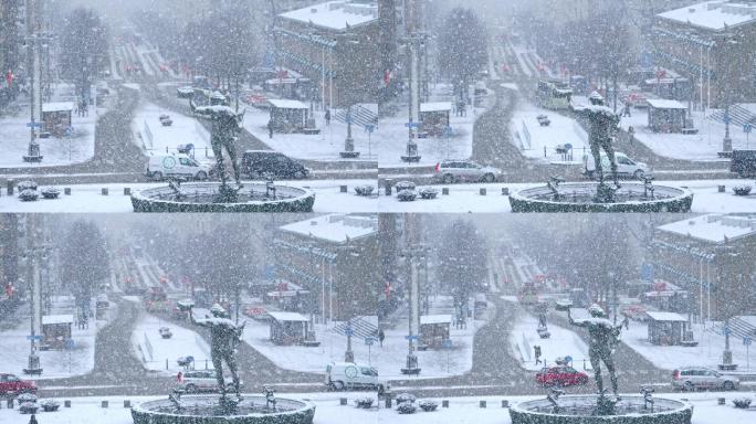 大雪中的广场大雪季节大道