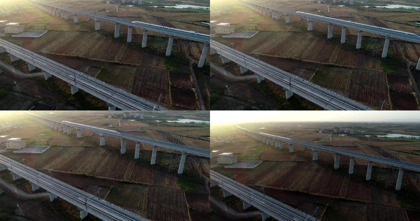 航拍高铁动车行驶铁路高架桥