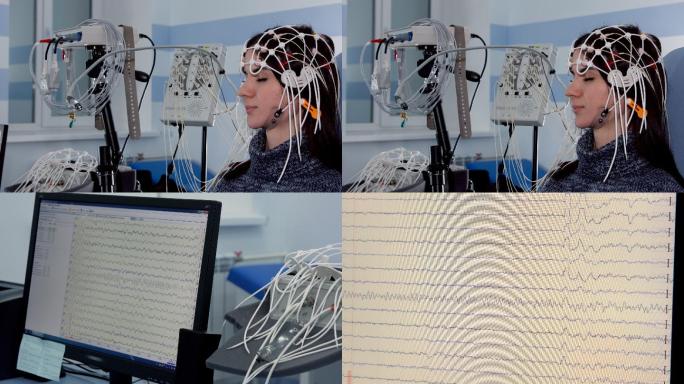 女性患者在监护仪上进行脑电图检查和扫描