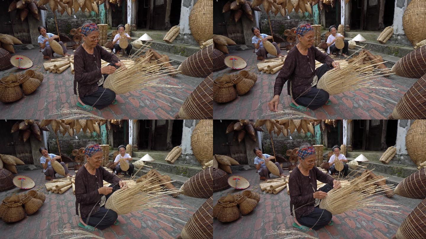 老年妇女编织鱼篓，竹编