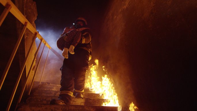 消防队员抱着获救的小女孩下着火的楼梯