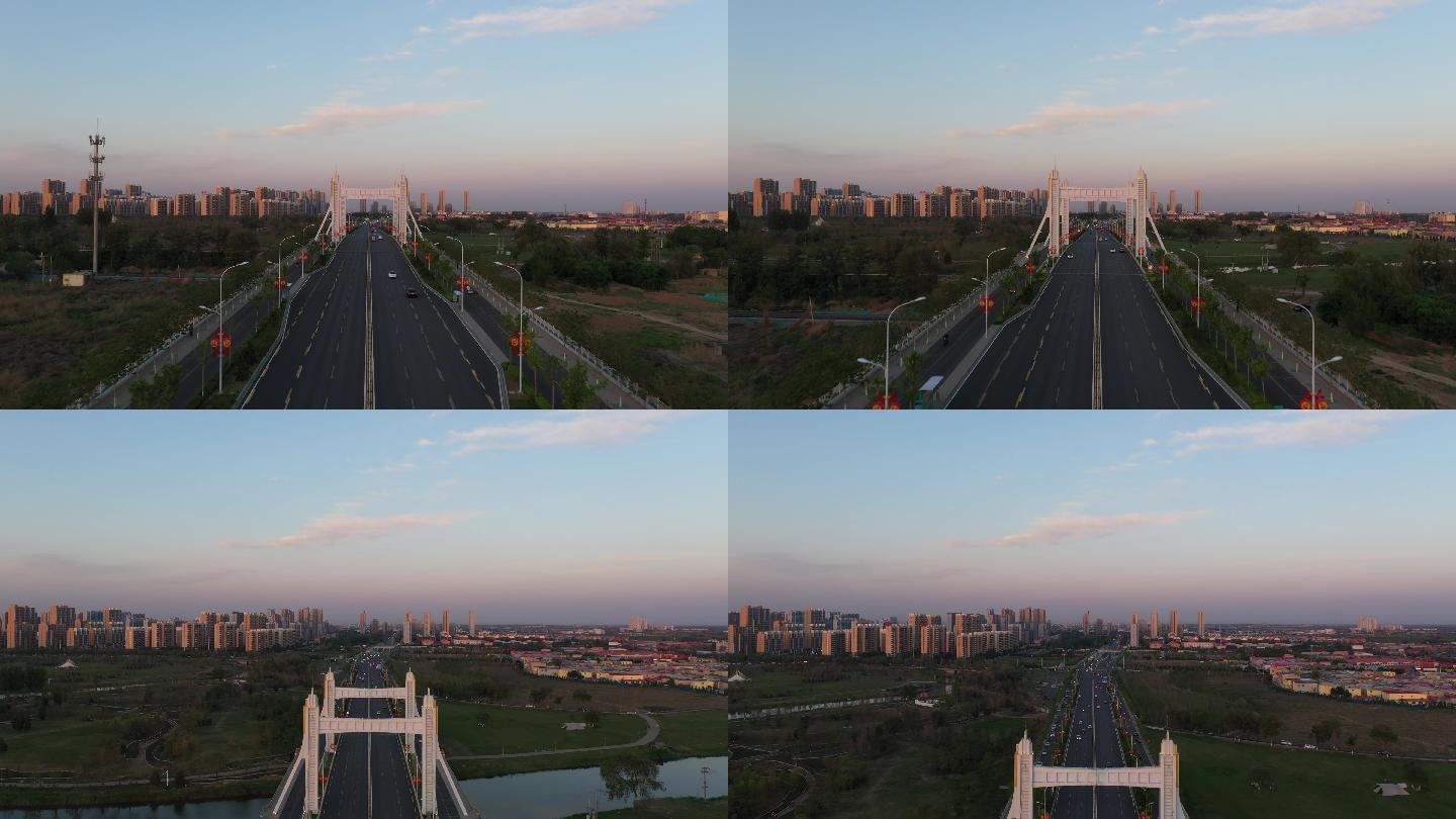 落日黄昏航拍沧州九河路运河大桥