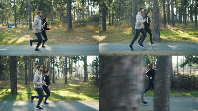 穿着运动服的男孩和女孩在公园里慢跑