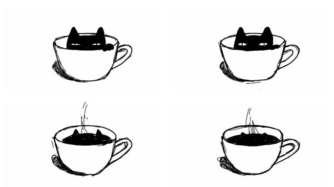 咖啡猫线稿循环黑猫