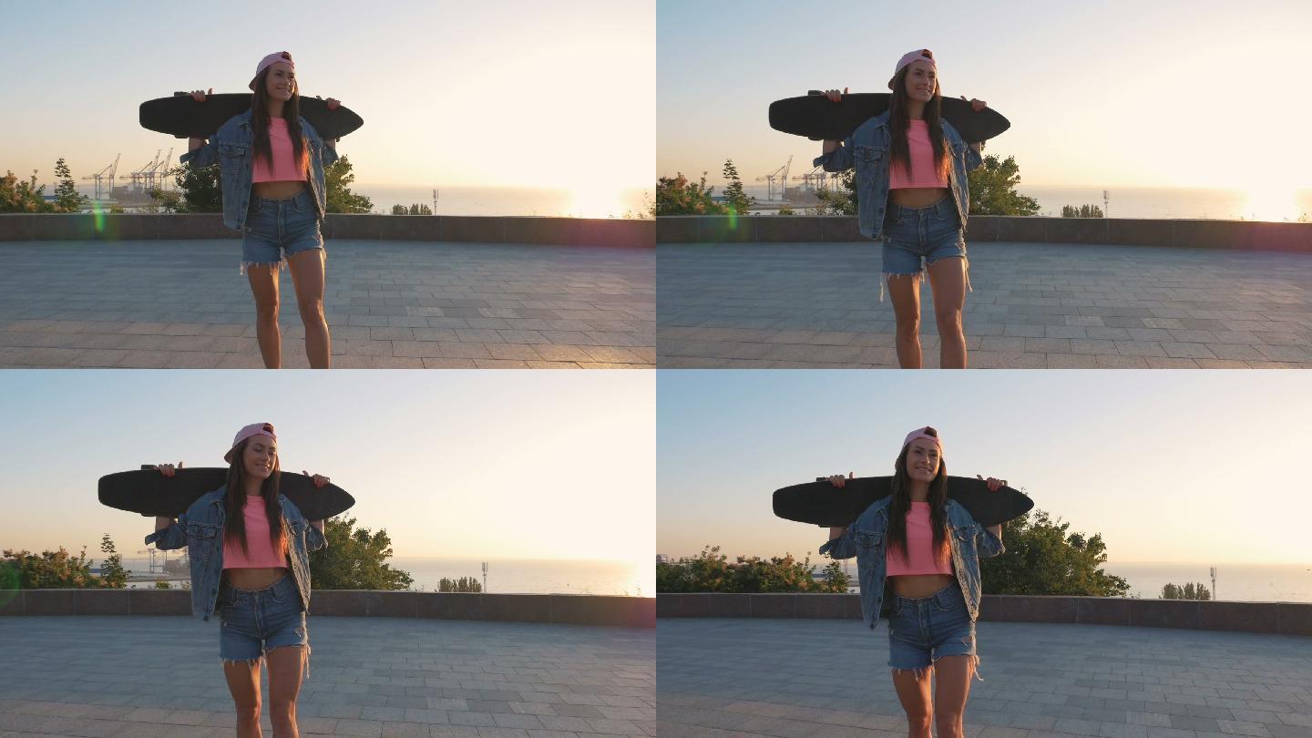 日落或日出时手持滑板的女子肖像