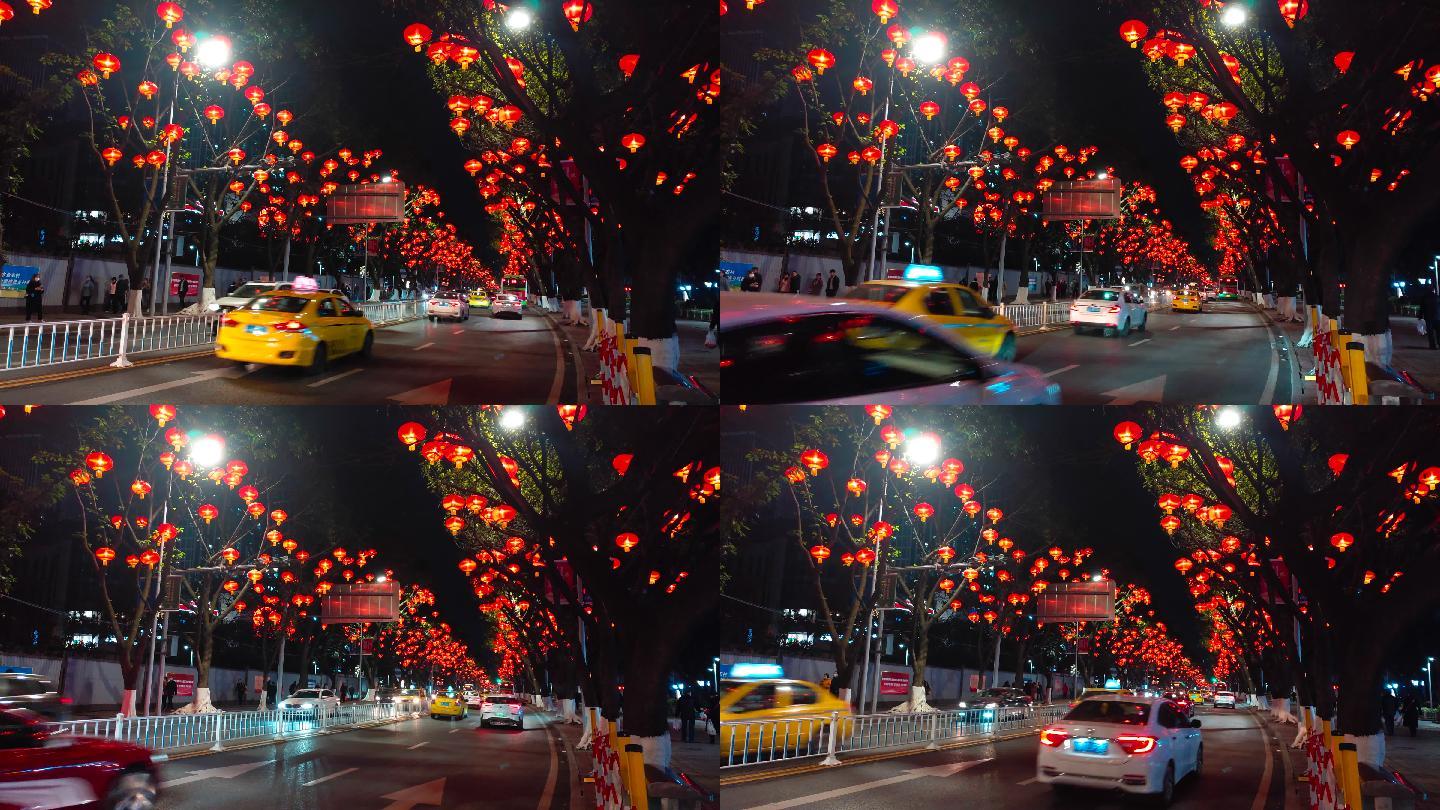 春节期间的重庆街道挂满了喜庆的灯笼