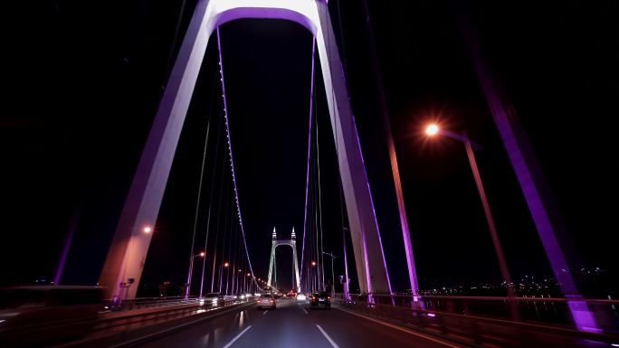 4K三叉矶湘江大桥第一人视角夜景行车空镜