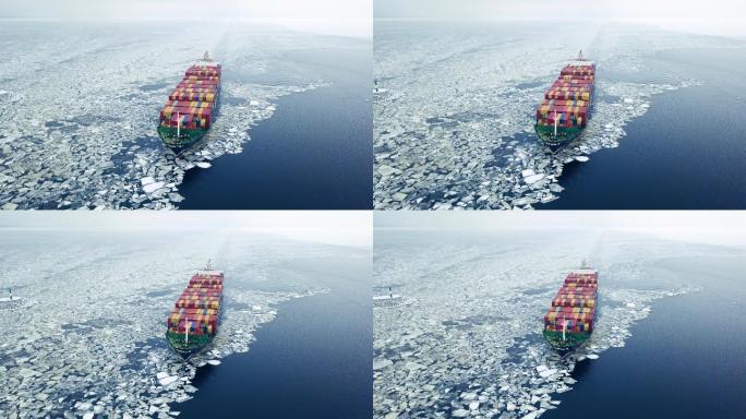冬季海上集装箱船破冰船4K航拍国际物流