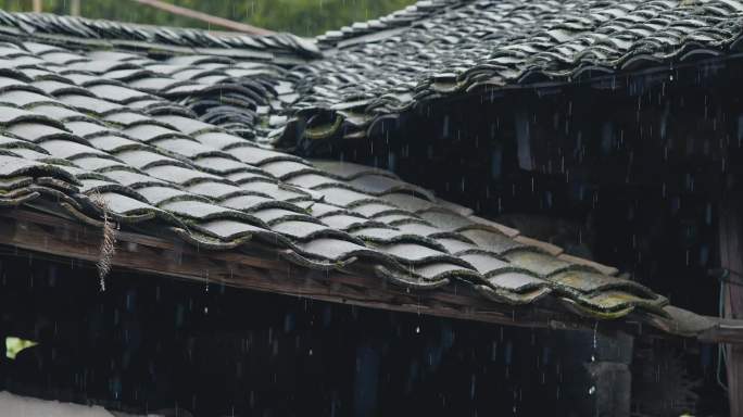 50fps高帧率乡村瓦房一角雨水庭院下雨