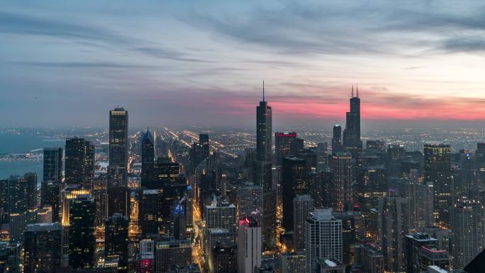 芝加哥天际线，从日落到夜晚