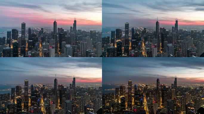 芝加哥天际线，从日落到夜晚