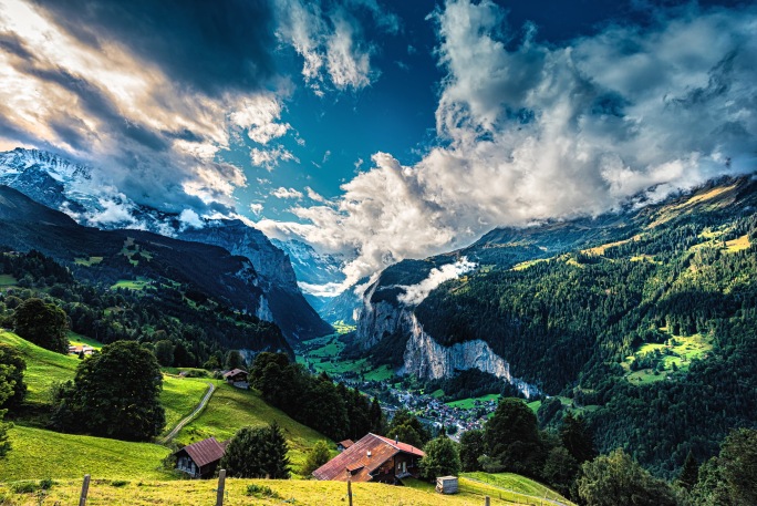 4K瑞士自然风光山川瀑布航拍延时摄影