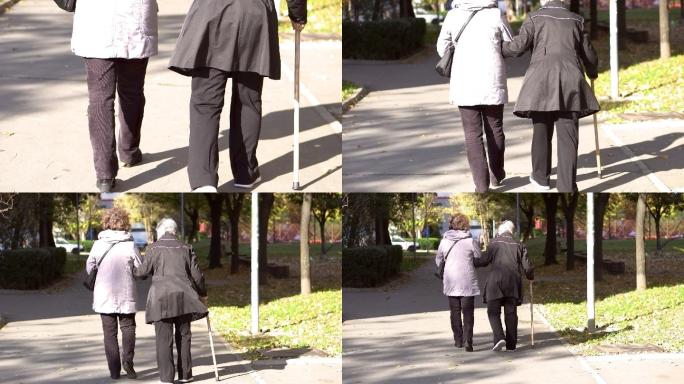 老年妇女与女理疗师在户外散步的后视图。