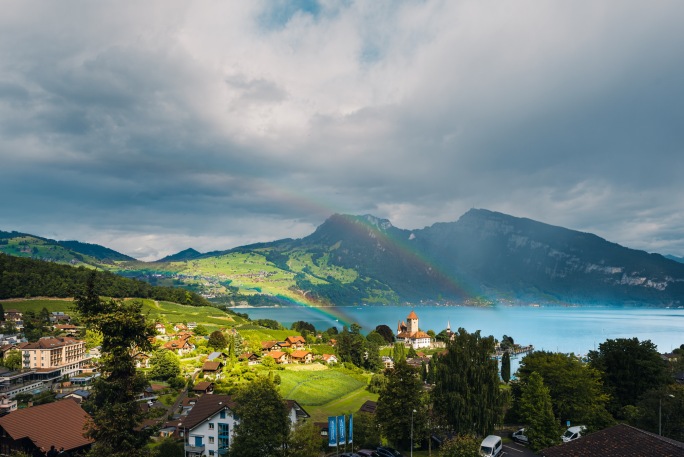 4K瑞士自然风光山川河流小镇航拍延时摄影