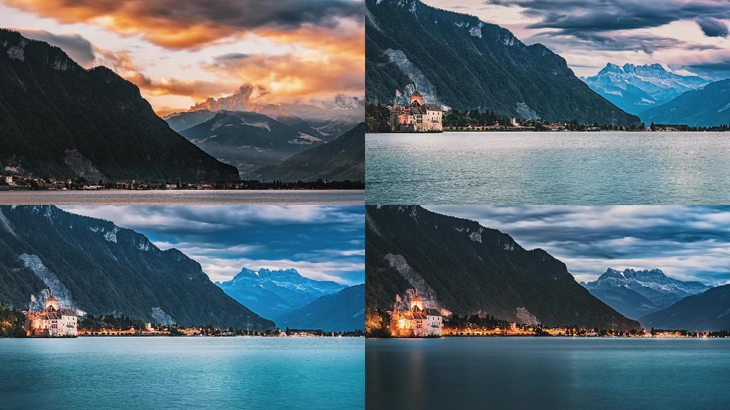 4K瑞士自然风光山川河流小镇航拍延时摄影