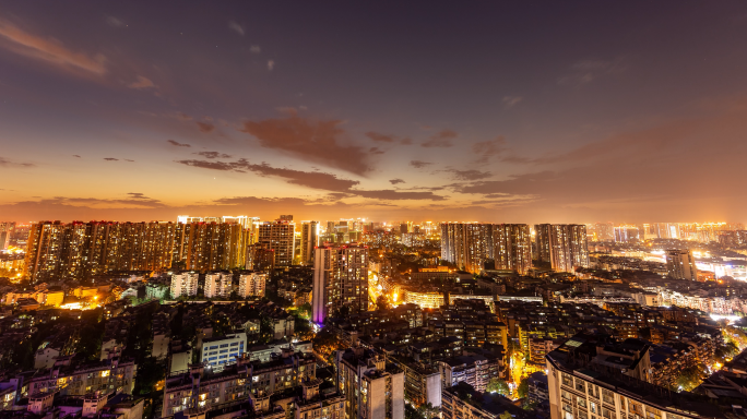 城市晚霞城市亮灯万家灯火成都鸟瞰夜景延时