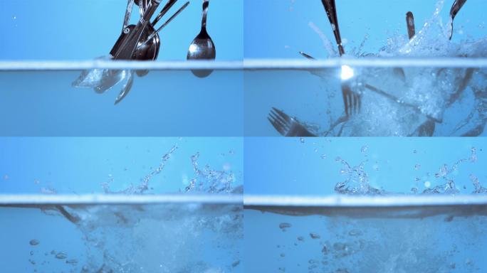 餐具落入洗碗水中的超慢镜头