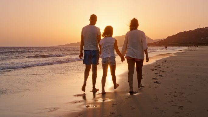 日落时分一家人在沙滩上散步