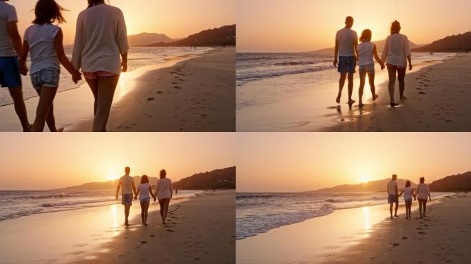 日落时分一家人在沙滩上散步