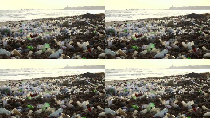 被塑料瓶污染的海滩