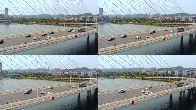 【高清航拍】汽车驶过跨江大桥城市交通车流