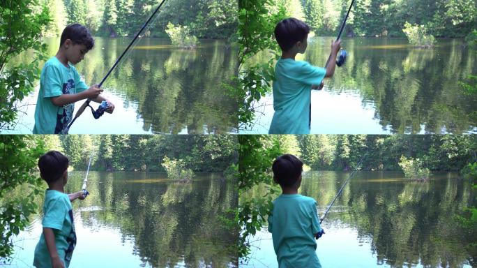 在湖边钓鱼的男孩