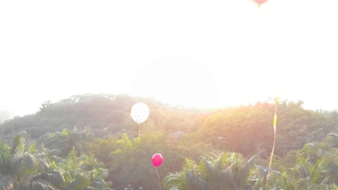实拍阳光下氢气球上升到空中