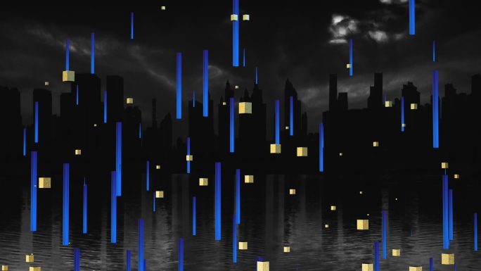 【4K时尚背景】城市剪影蓝金立体几何粒子