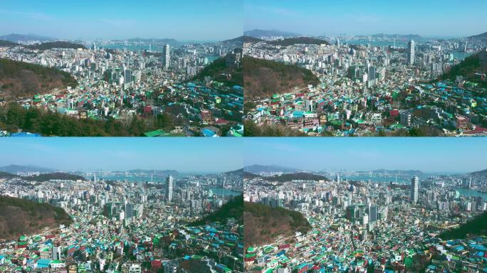 韩国釜山市甘川文化村鸟瞰图。