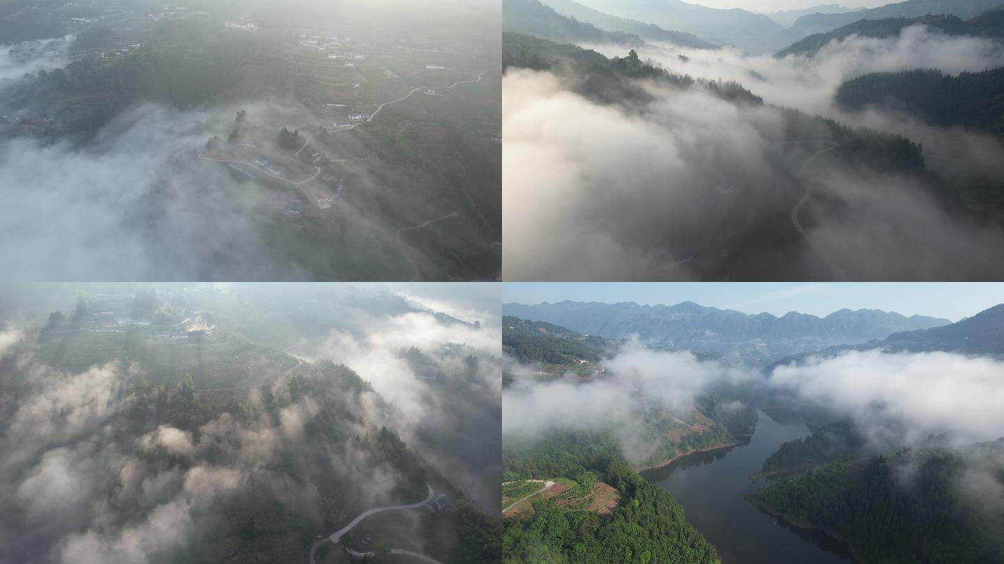 4K美丽乡村清晨云海雾景小溪河流航拍视频