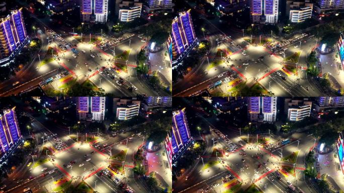 桂林市三里亭十字路口夜景航拍延时摄影