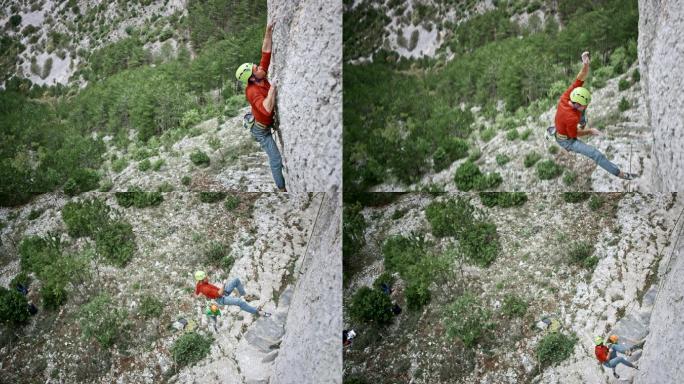 男攀岩者在悬崖壁上找不到抓手就松手了