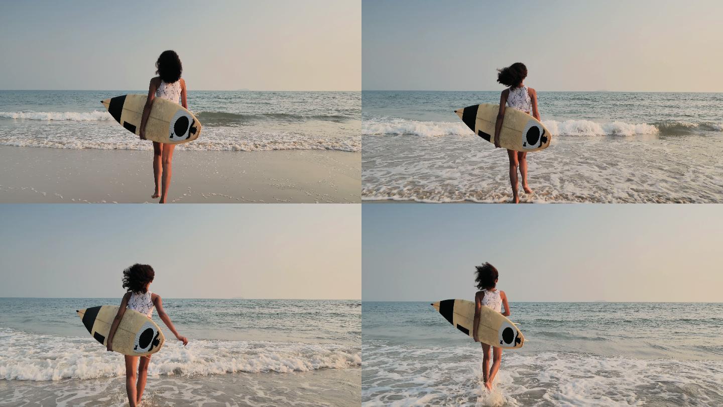 准备冲浪的女人4K国内三亚海边冒险海浪浪