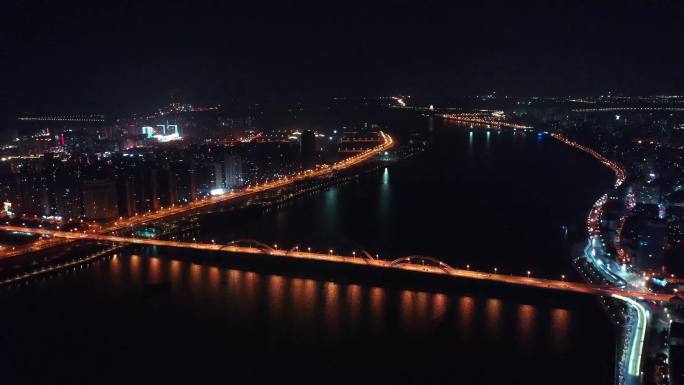航拍江西吉安大桥一江两岸夜景