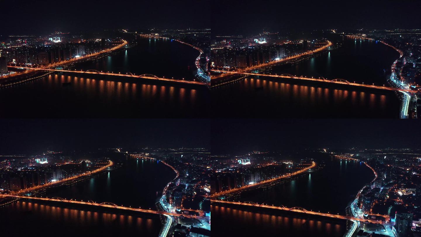 航拍江西吉安大桥一江两岸夜景