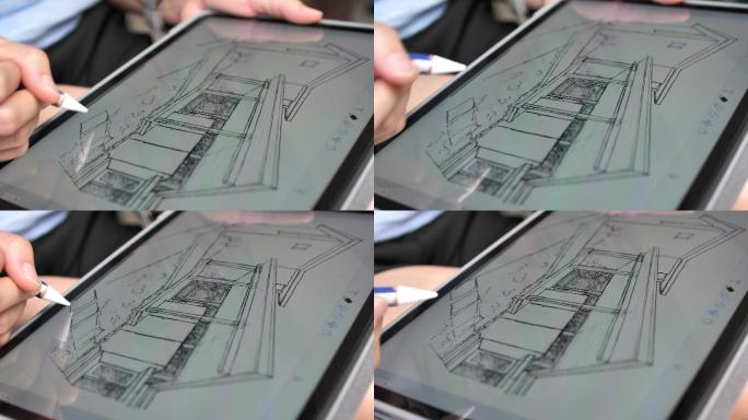 建筑师在数字平板电脑上绘制草图
