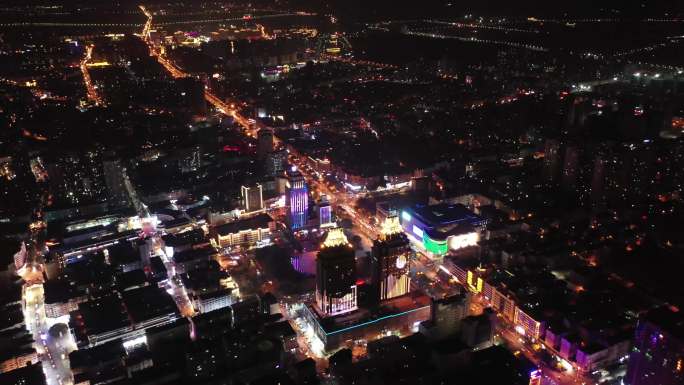 航拍吉安市城区繁华地段夜景