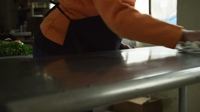 一位妇女用抹布清洁厨房的不锈钢台面