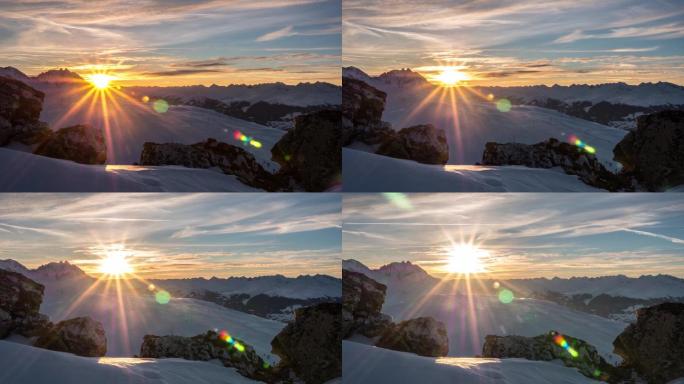 日出下的雪山延时摄影冬天冬季冬景雪景