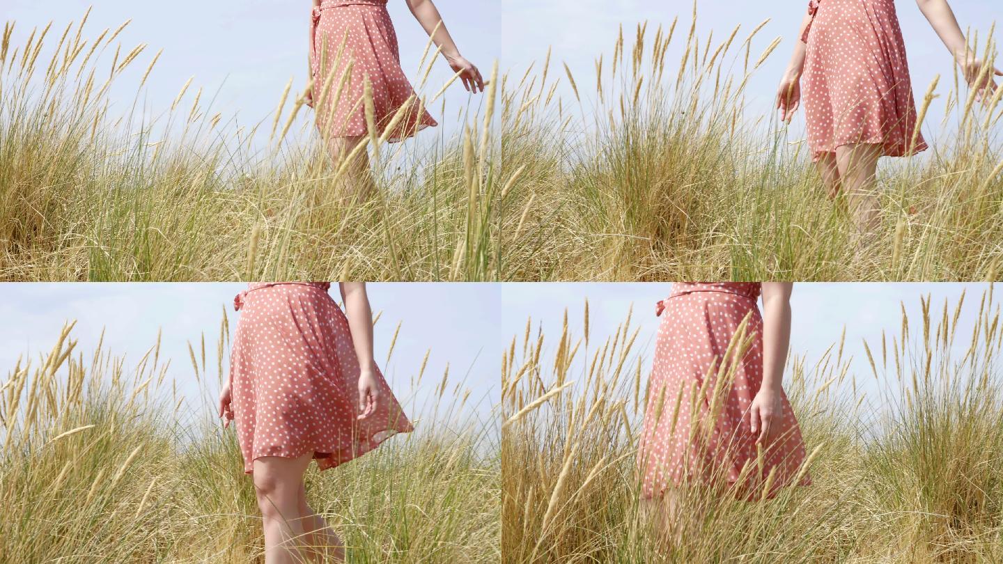 年轻女子走过草地抚摸草