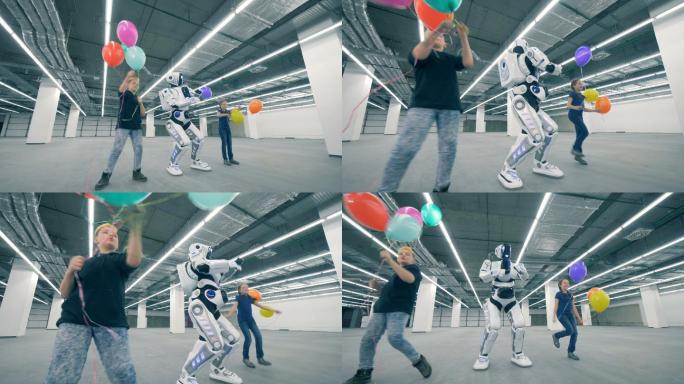 人形机器人和两个拿着气球的孩子跳舞